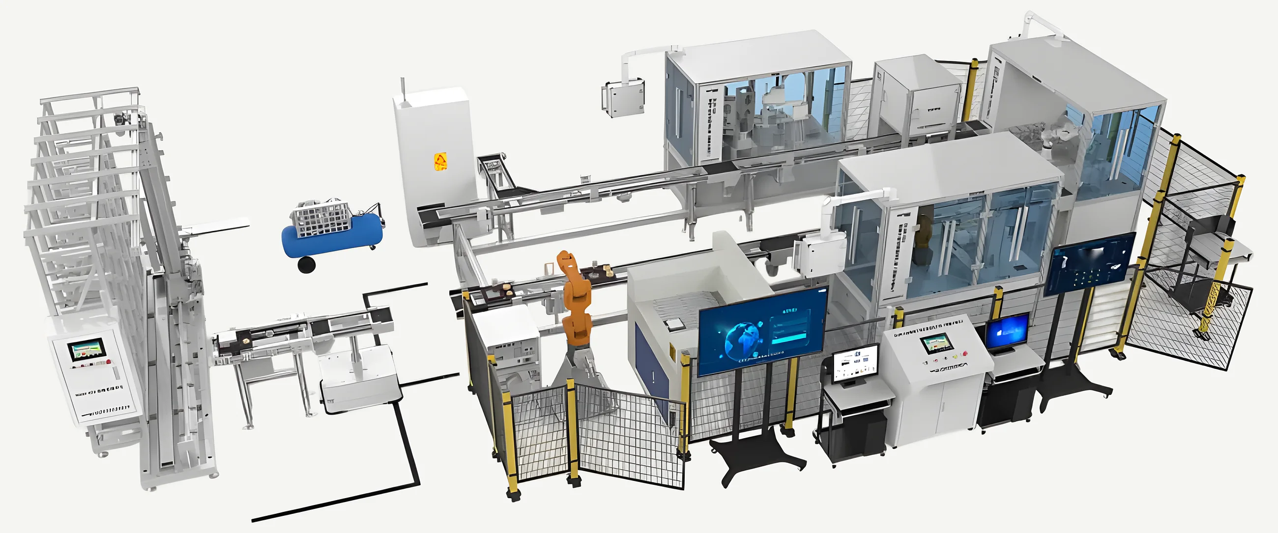 Night lamp customization line: warehouse, laser stations, assembly, inspection, and packing