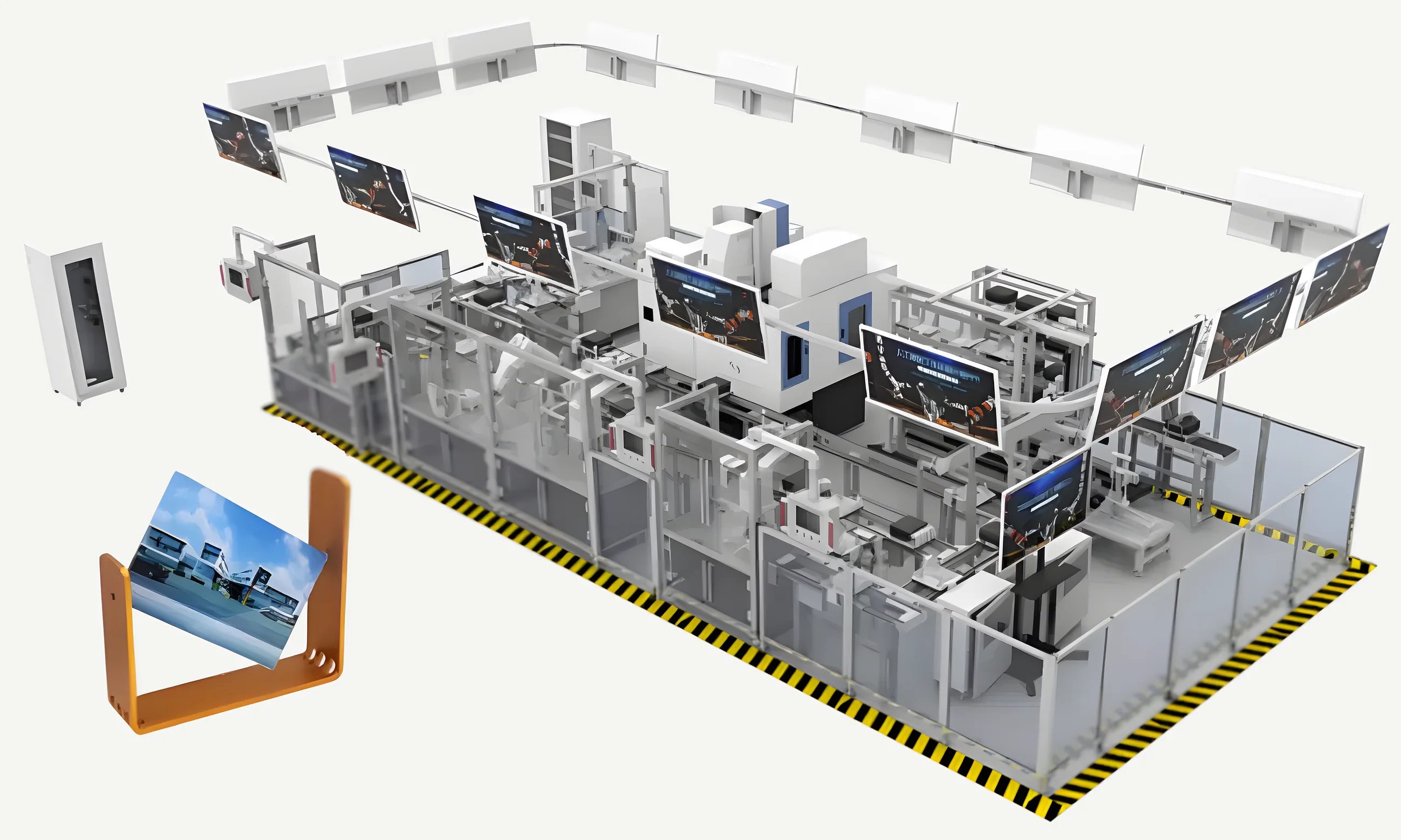 Photo frame production line: automated warehouse, robots, CNC, 3D printing, assembly and packing