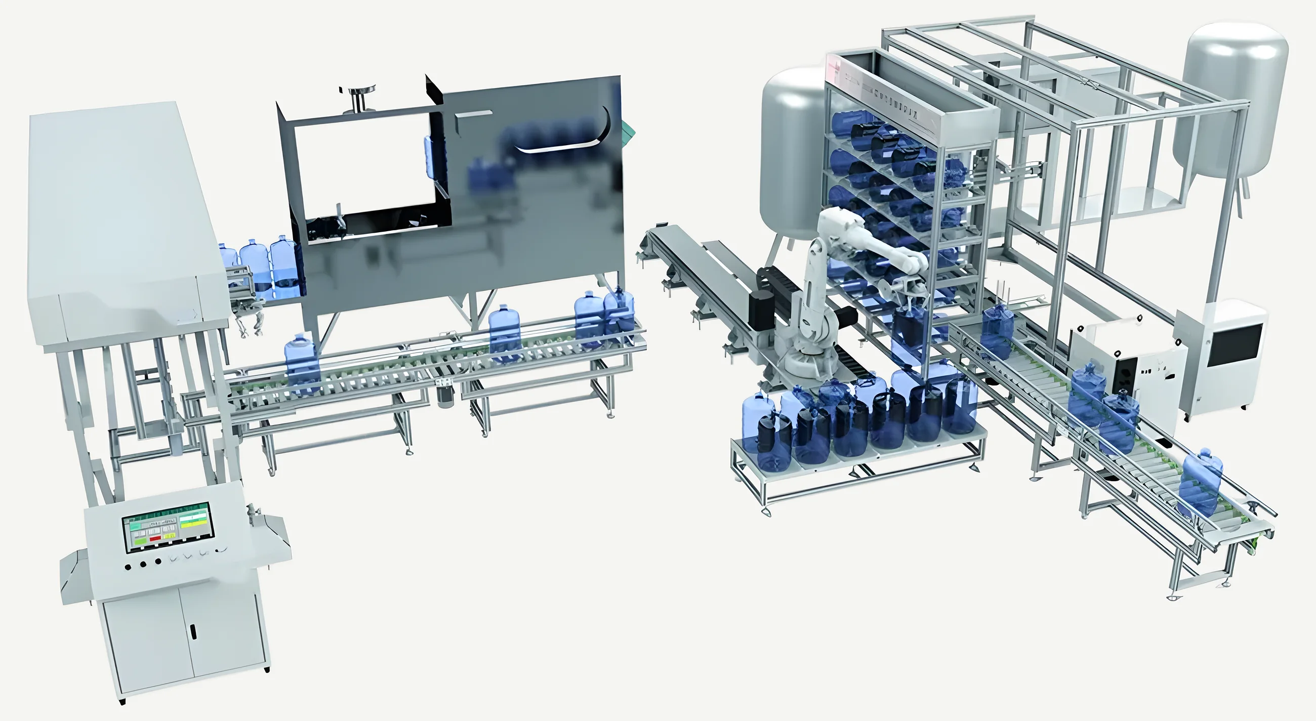 Purified water bottling line: filling, capping, palletizing robot, and automated storage